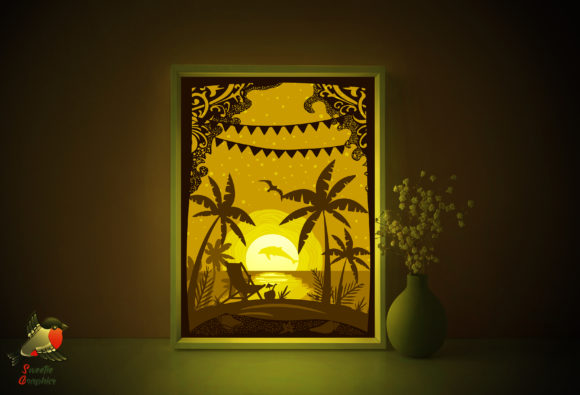 Beach Sea Tropical Light Box Template: 3D SVG for Shadow Boxes