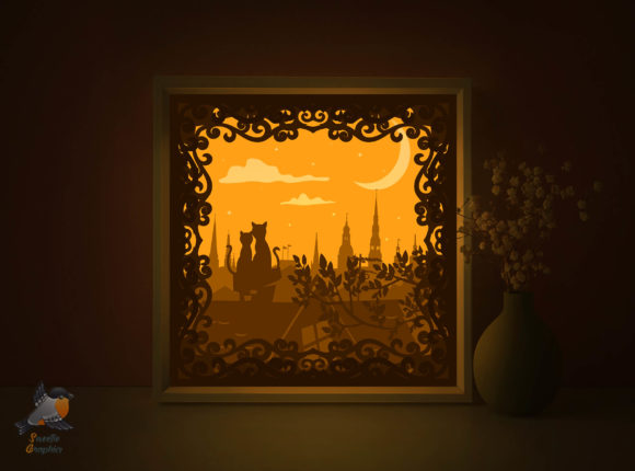 Cats on Roof Light Box: 3D SVG for Shadow Boxes