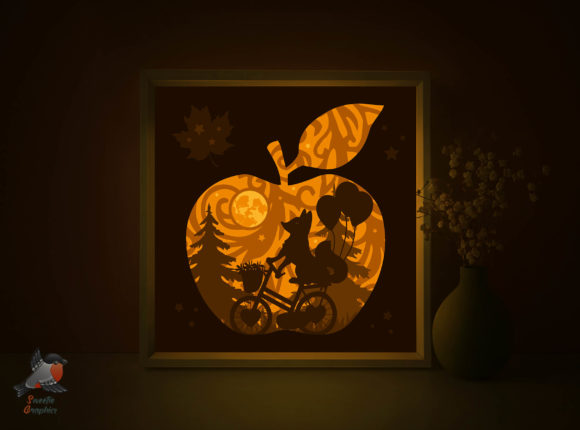 Fox Riding Bicycle Light Box Apple: 3D SVG Shadow Boxes