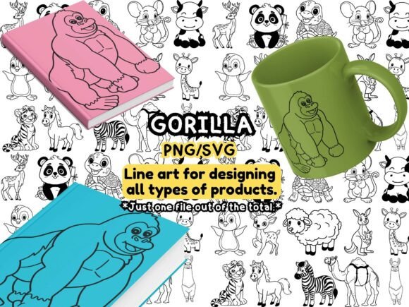 Gorilla Line Art SVG PNG Bundle